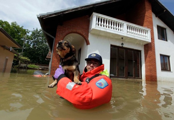 Un trabajador de rescate eslovena de protección Civil salva a un perro durante las grandes inundaciones en el pueblo de Prud  / Srdjan Zivulovic / Reuters