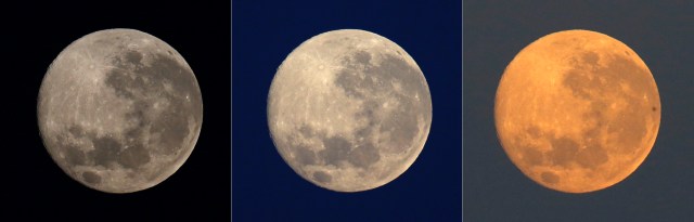 A combination photo shows the supermoon in the sky over Sao Paulo