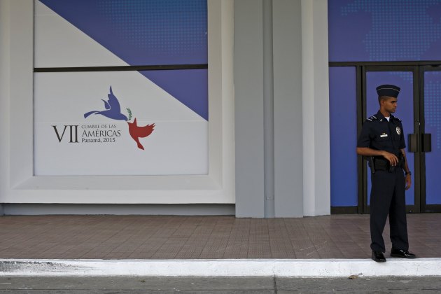 A police officer stands outside Atlapa Convention Center in Panama City