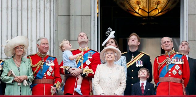Britain's Camilla the Duchess of Cornwall, Prince Charles, Prince Willian holding Prince George, Catherine, the Duchess of Cambridge, Queen Elizabeth, Prince Harry, and Prince Philip stand on the balcony at Buckingham Palace in central London