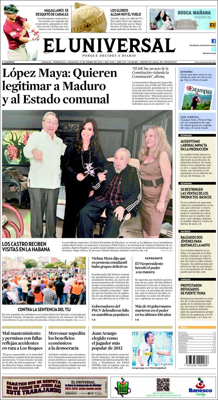 Portadas del domingo 13 de enero de 2013