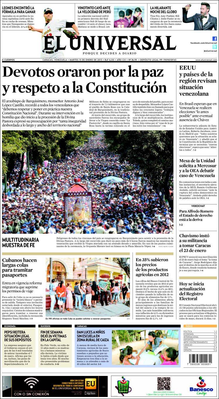 Portadas del martes 15 de enero de 2013