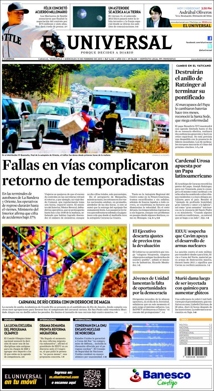 Portadas del miércoles 13 de febrero de 2013