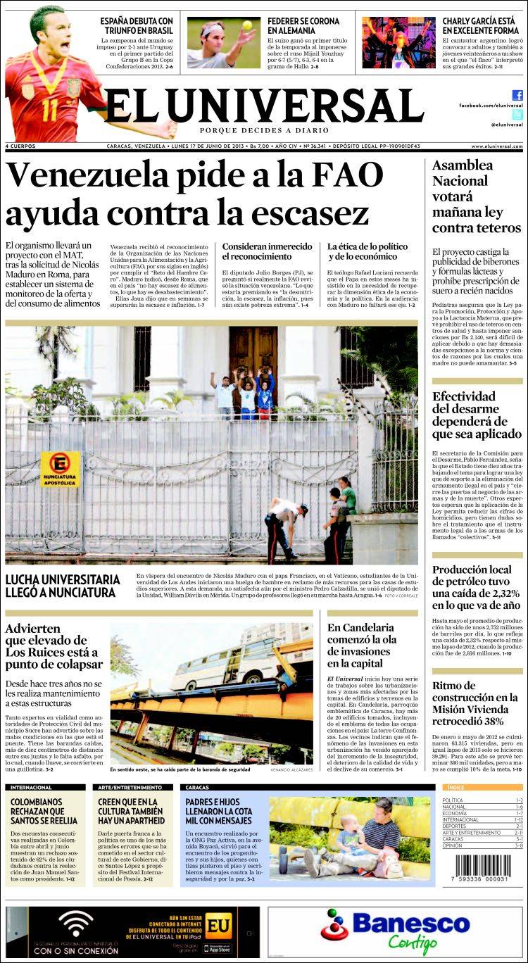 Portadas del lunes 17 de junio de 2013