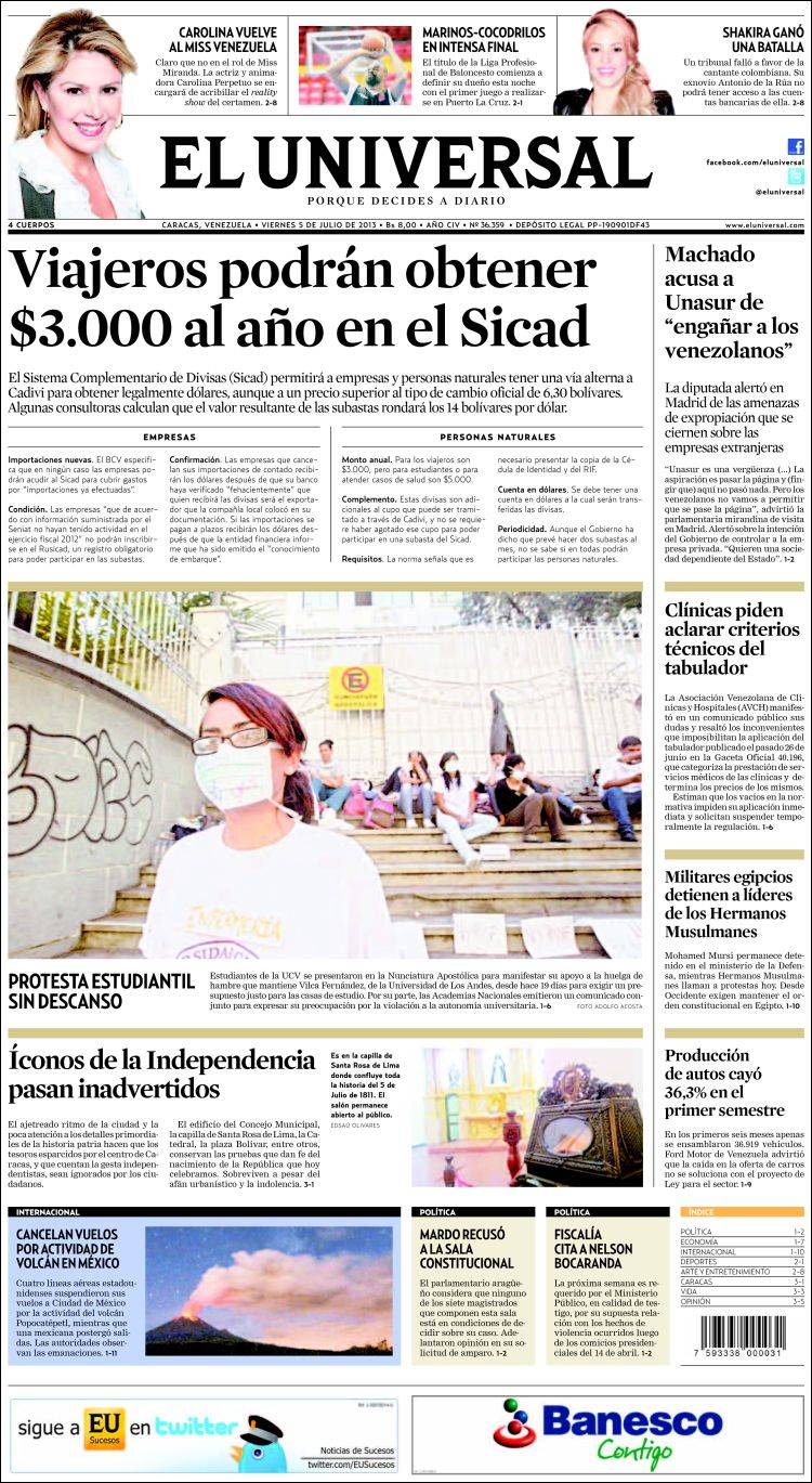 Portadas del viernes 05 de julio de 2013