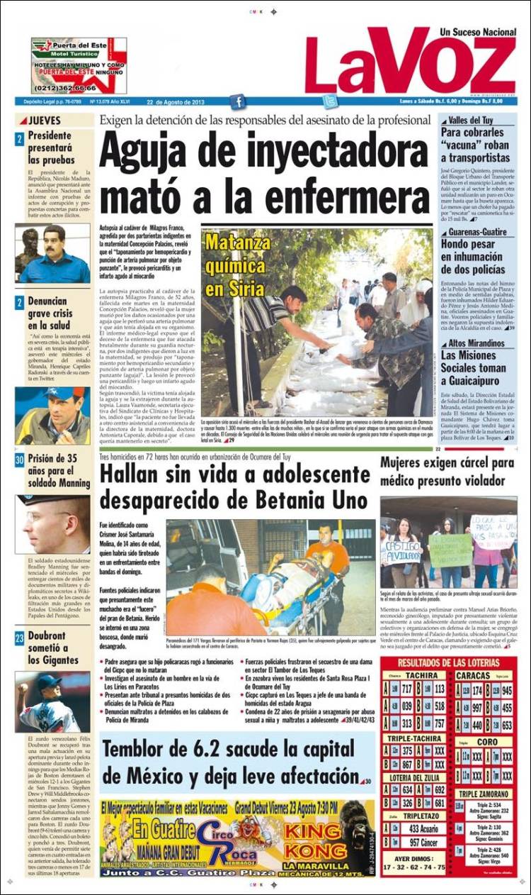 Portadas del jueves 23 de agosto de 2013