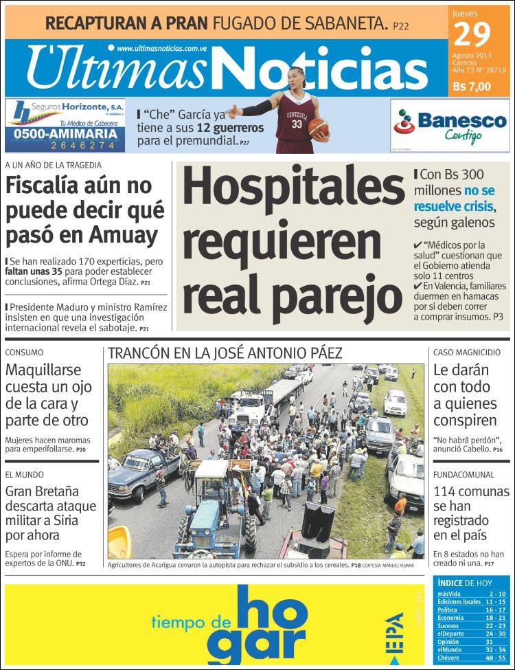 Portadas del jueves 29 de agosto de 2013