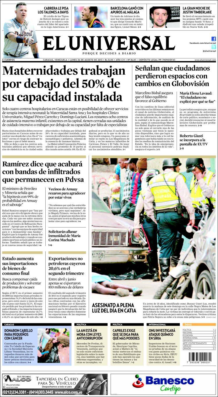 Portadas del lunes 26 de agosto de 2013