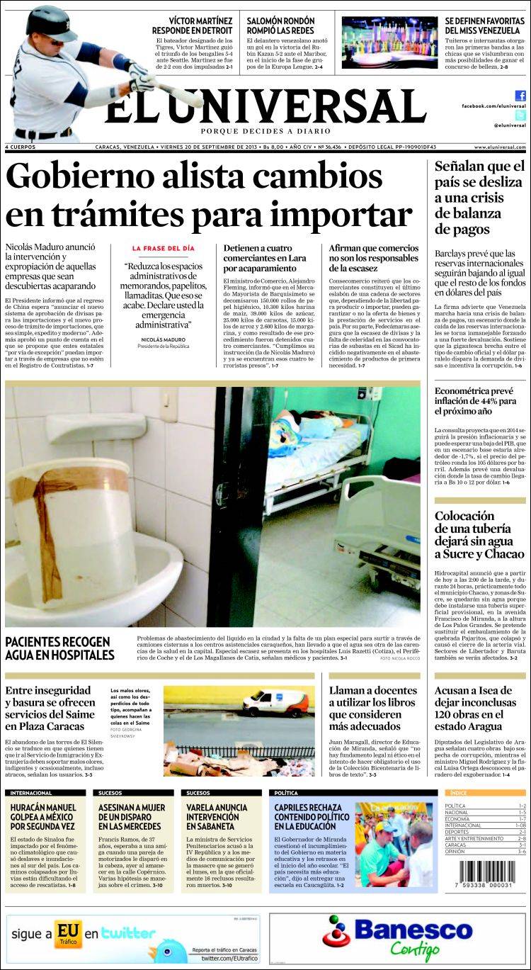 Portadas del viernes 20 de septiembre de 2013