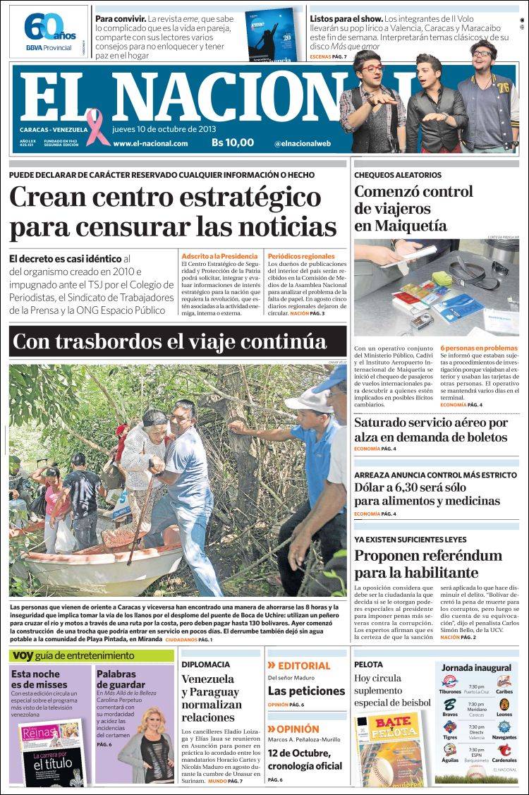 Portadas del jueves 10 de octubre de 2013