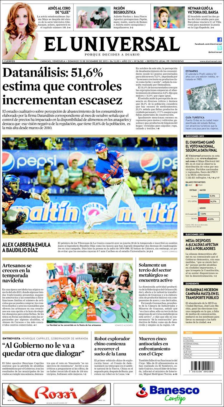 Portadas del domingo 15 de diciembre de 2013