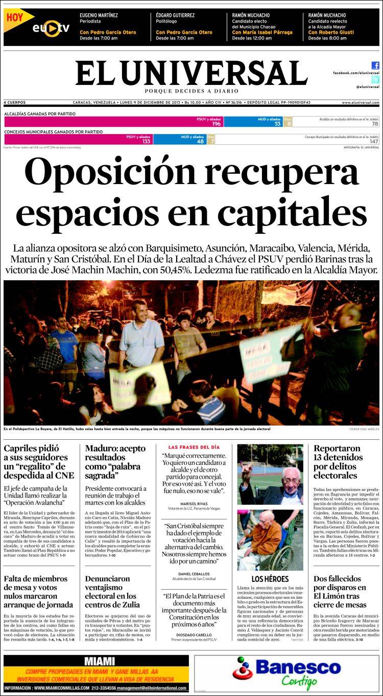 Portadas del lunes 09 de diciembre de 2013