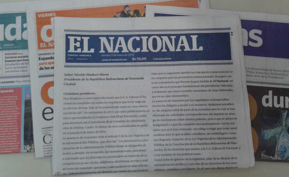 El Nacional pide en portada a Maduro que autorice dinero para comprar papel