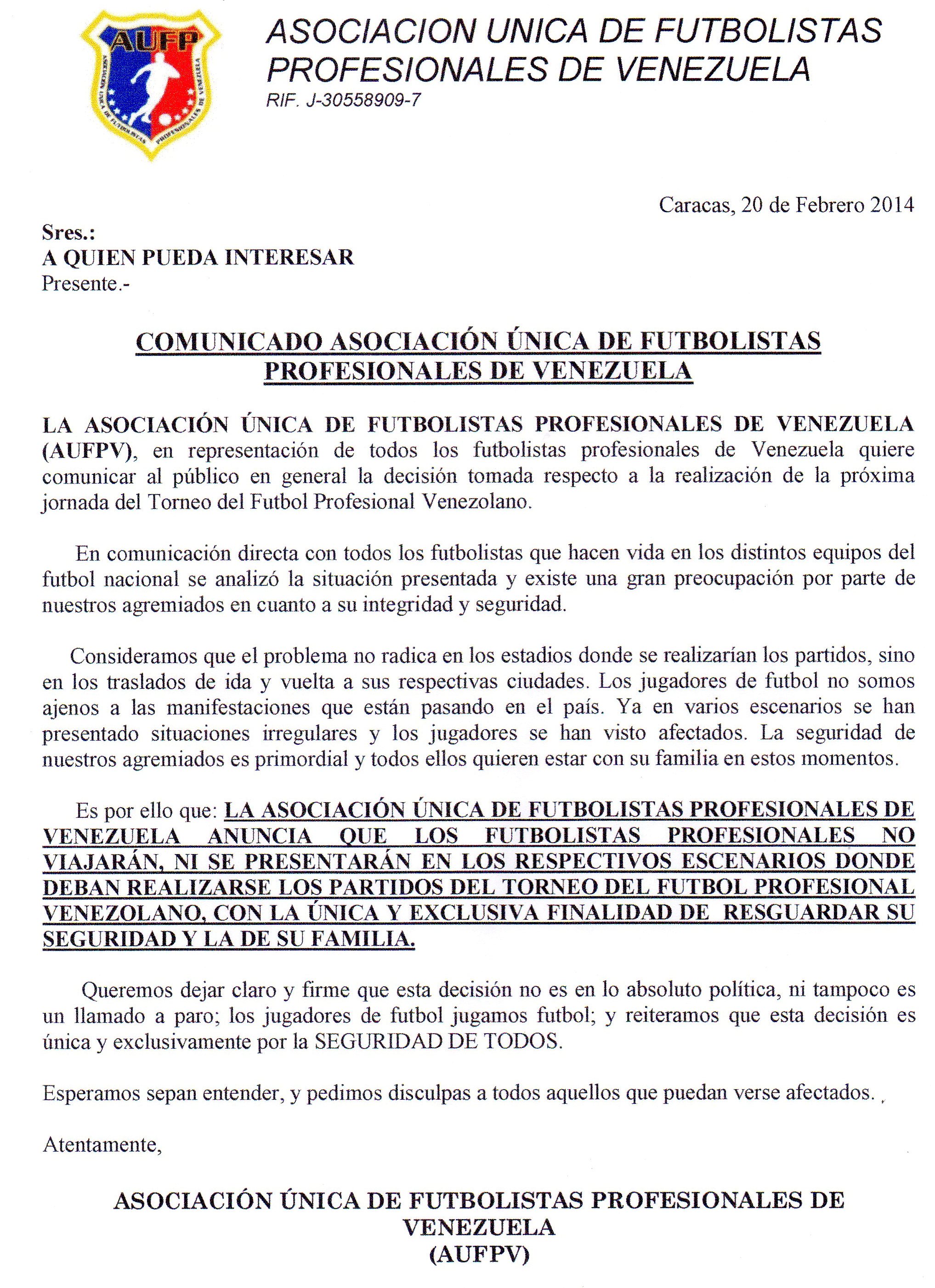 FVF no suspende juegos pero los futbolistas no jugarán (Comunicado)