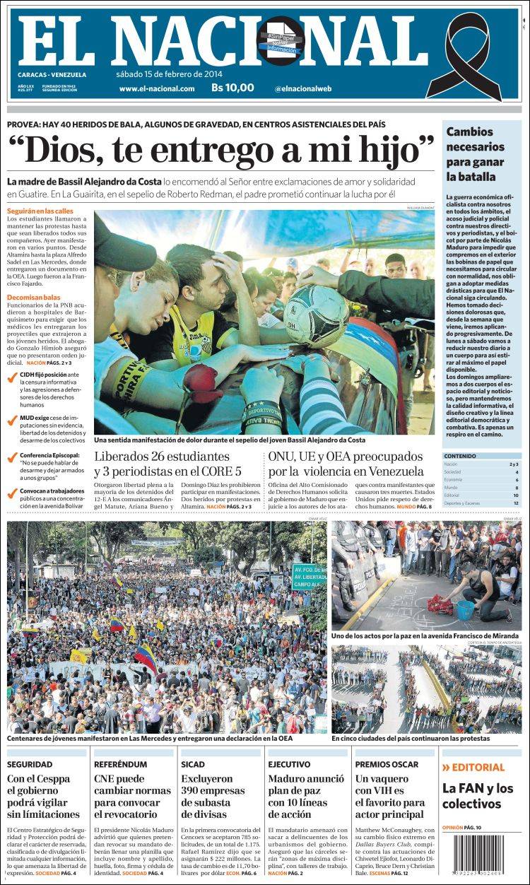 Portadas del sábado 15 de febrero de 2014