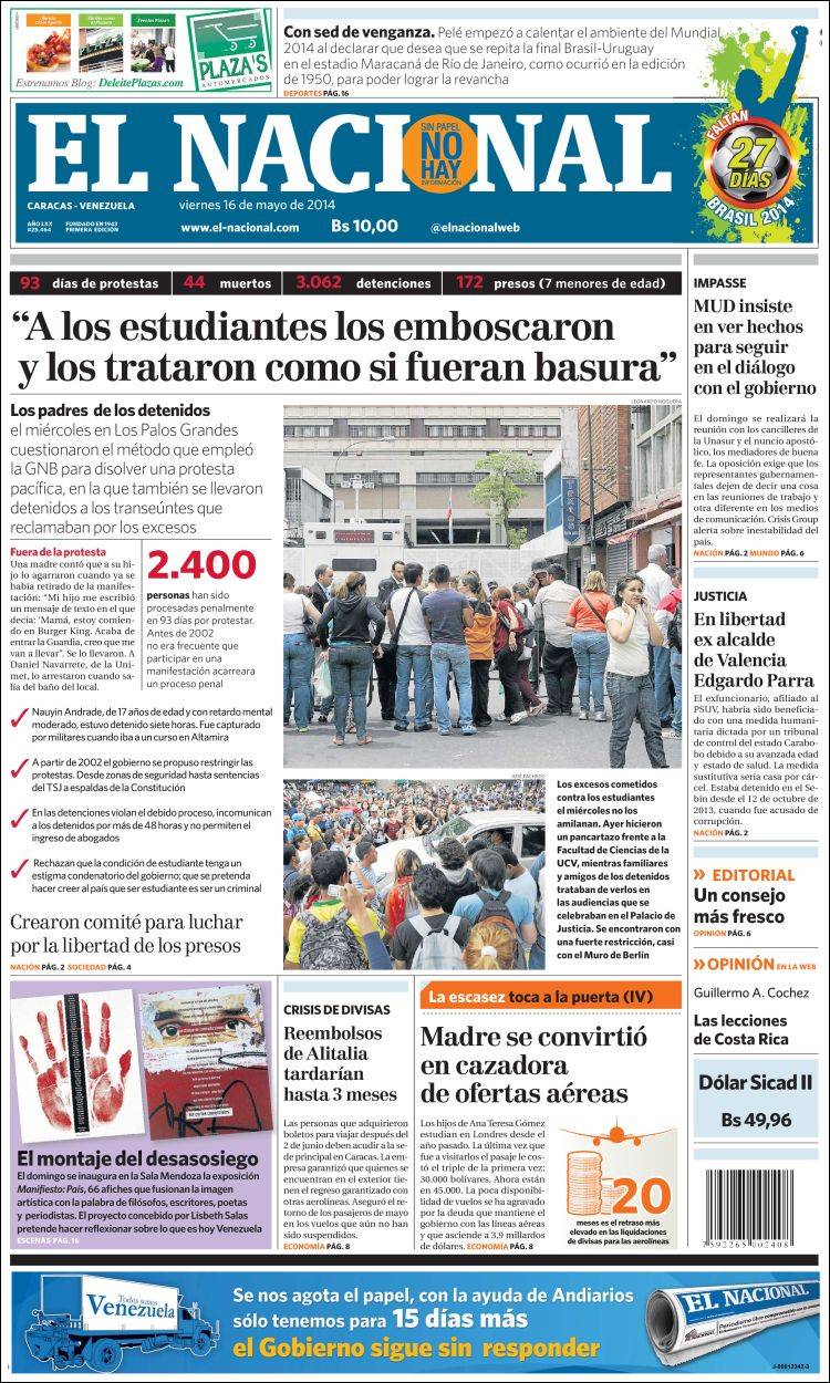 Portadas del viernes 16 de mayo de 2014