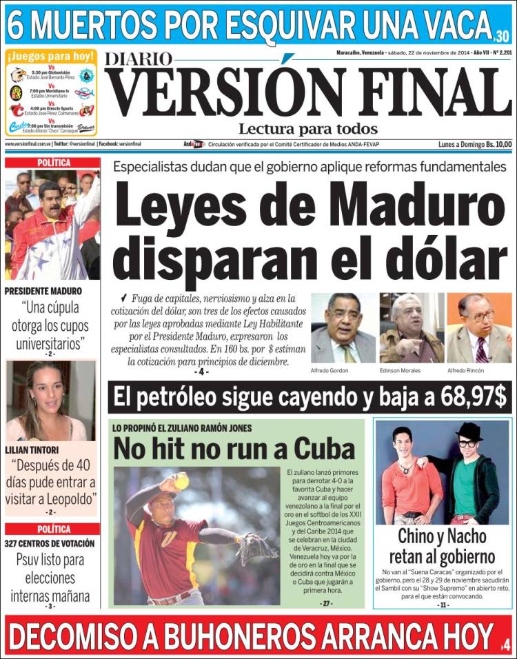 Portadas del sábado 22 de noviembre de 2014