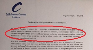 Partido Conservador de Colombia  expresa su preocupación por la “crítica situación que vive Venezuela”