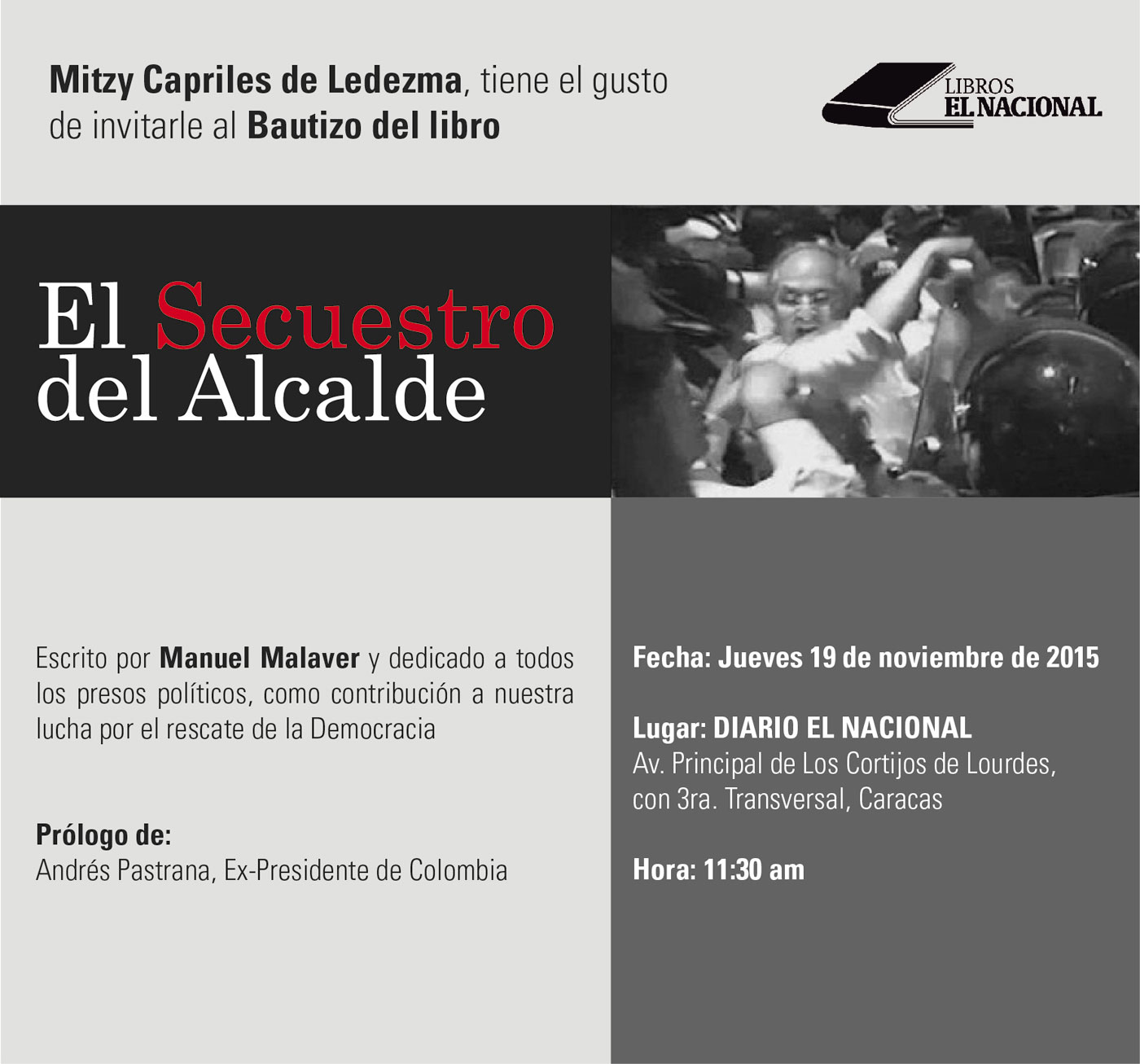 Este jueves presentan el libro El secuestro del Alcalde