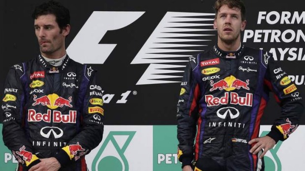 Mark Webber y Sebastian Vettel en el podio del GP de Malasia en 2013. Reuters/Archivo