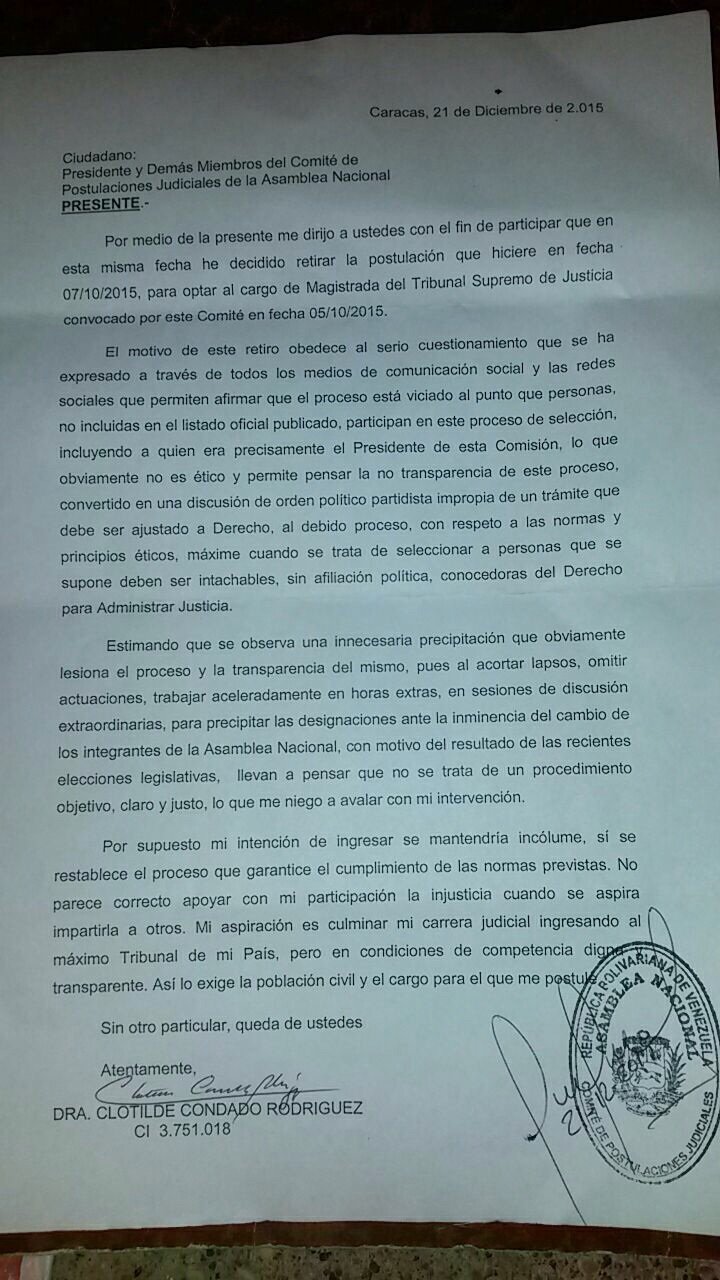 Clotilde Condado retira su postulación para Magistrado del TSJ (Carta)