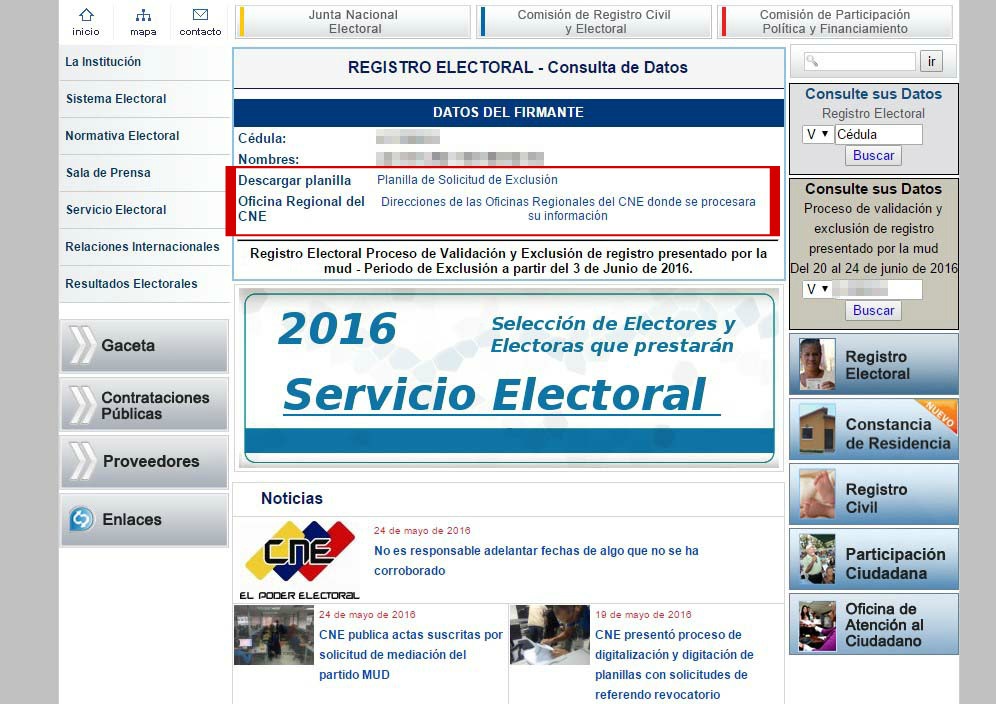 Planilla que ofrece web del CNE es solo para EXCLUSIÓN de la firma