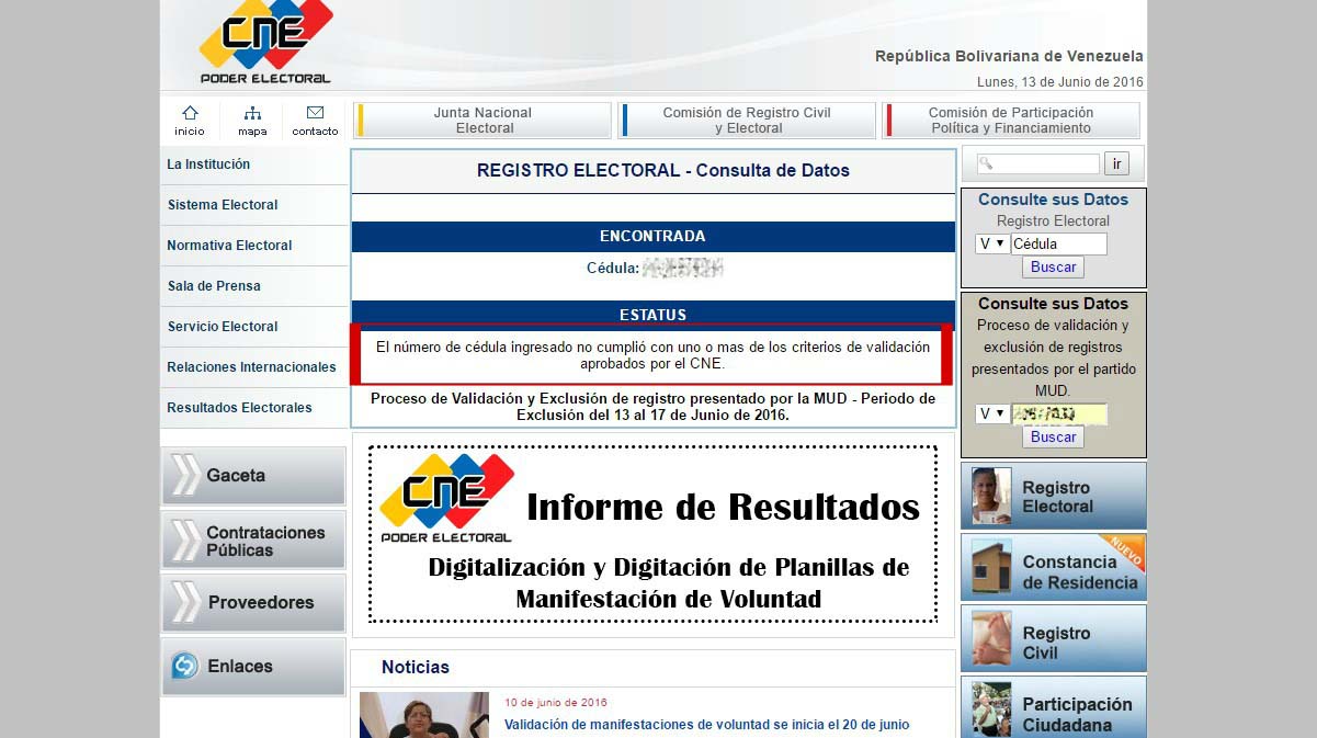 CNE actualiza estatus de firmas en su web: “ENCONTRADA” o “NO ENCONTRADA”