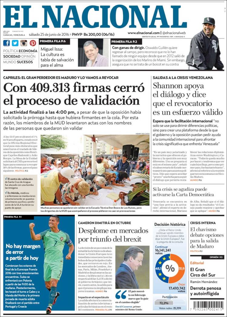 Portadas de la prensa nacional de este sábado 25 de junio de 2016