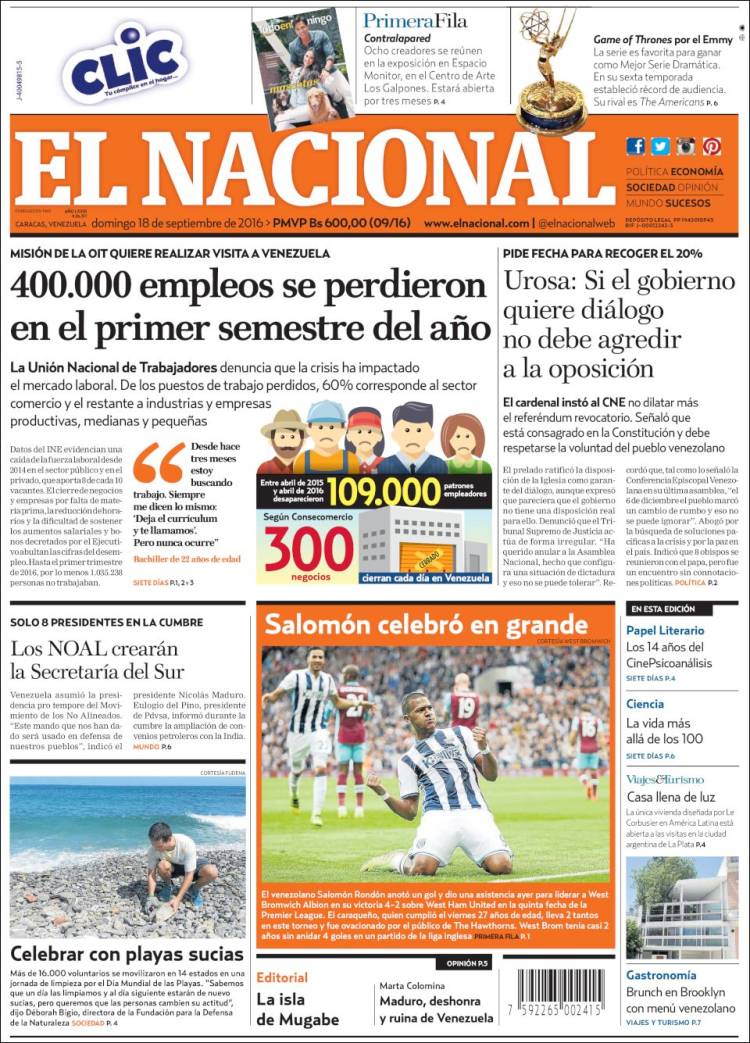 Portadas de la prensa nacional de este domingo 18 de septiembre de 2016