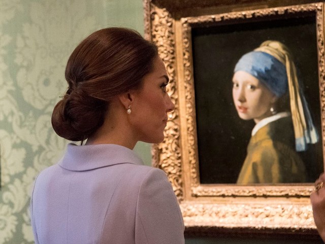 Her Royal Highness The Duchess of Cambridge  visited the  Mauritshuis in The Hague, Netherlands.  The visit was planned to coincide with the exhibition  At Home in Holland: Vermeer and his contemporaries from the Royal Collection, which includes important genre paintings from the Queens  collection. The Duchess of Cambridge was received by director Emilie Gordenker, who gave her a tour of highlights in the Mauritshuis, which includes the  Girl with a Pearl Earring by Johannes Vermeer,  The Goldfinch by Carel Fabritius, and  The Bull by Paulus Potter. The Duchess of Cambridge, who took a degree in art history at the University of St Andrews, is familiar with the collection. She  also visited the Art Workshop in the Mauritshuis, where children were have a painting lesson.  Picture: Arthur Edwards The Sun London