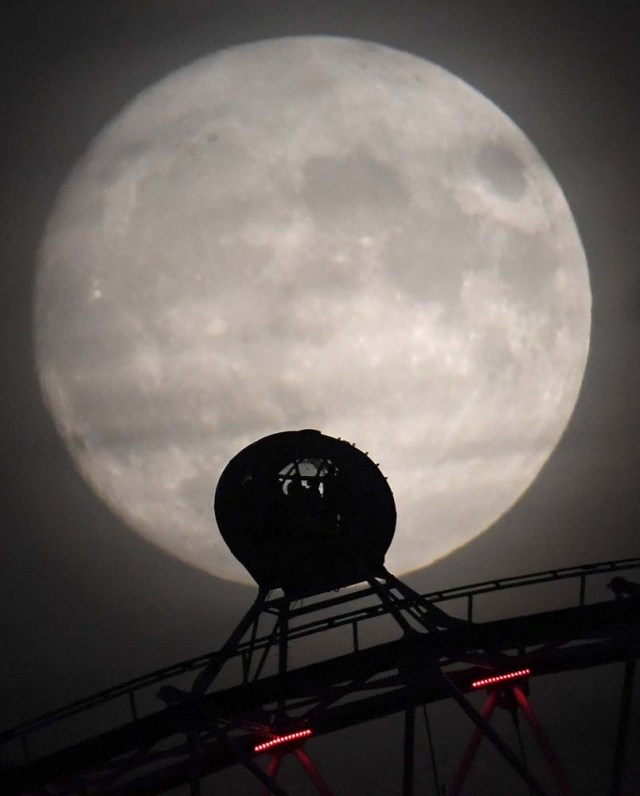 The moon is seen behind the London Eye wheel a day before the "supermoon" spectacle in London, Britain, November 13, 2016. REUTERS/Toby Melville