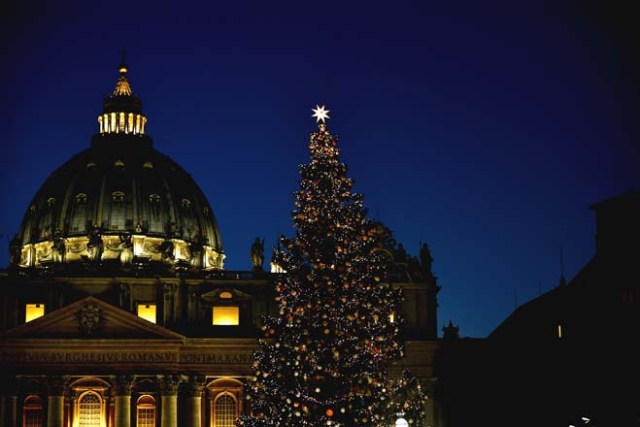 The Christmas tree is pictured at the Saint Peter's square following its illumination on December 9, 2016 in Vatican. This year, the Christmas ornaments were made by children of the paediatric oncology departments of Italian hospitals. / AFP PHOTO / VINCENZO PINTO