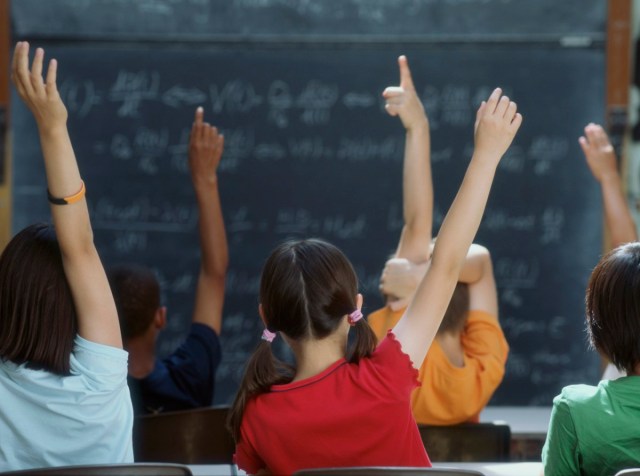 Rear view of class raising hands