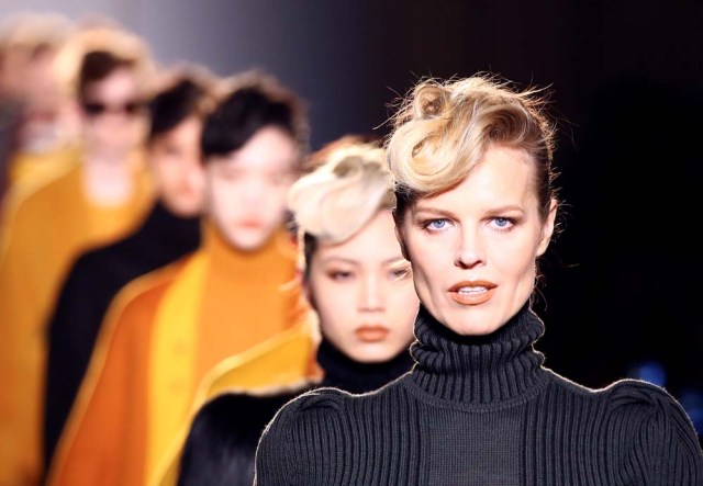 Former top model Eva Herzigova leads the models parade at the end of the Bottega Veneta Autumn/Winter 2017 women collection during Milan's Fashion Week, in Milan, Italy February 25, 2017. REUTERS/Stefano Rellandini