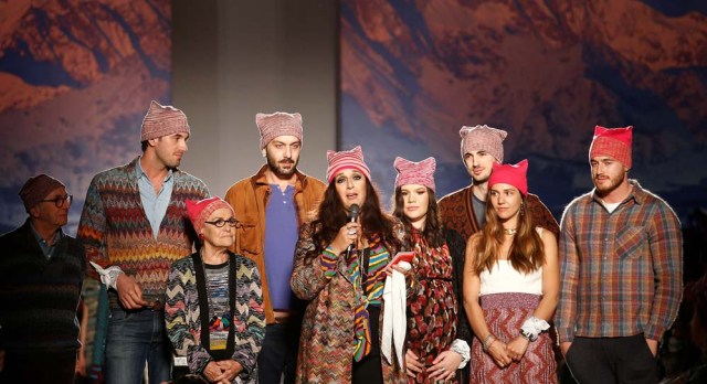 Italian designer Angela Missoni speaks at the end of her Autumn/Winter 2017 women collection during Milan's Fashion Week, in Milan, Italy February 25, 2017. REUTERS/Alessandro Garofalo