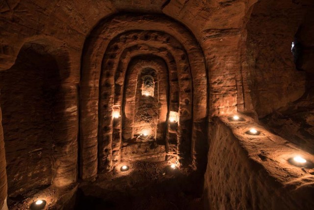 Photo © 2017 Michael Scott/Caters News/The Grosby Group - It might look like an ordinary rabbits hole, but this tunnel unearths a stunning CAVE. The unassuming hole reveals a cave which is hidden less than a metre beneath a farmers field. The untouched caves, in Shropshire, date back 700 years when they were used by the Knights Templars - a medieval religious order that fought in the Crusades. Photographer Michael Scott, from Birmingham, set out in search of the historical wonder after seeing a video of it online.