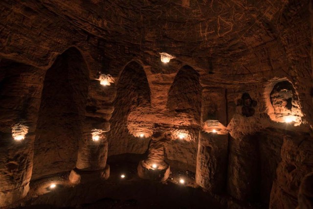 Photo © 2017 Michael Scott/Caters News/The Grosby Group - It might look like an ordinary rabbits hole, but this tunnel unearths a stunning CAVE. The unassuming hole reveals a cave which is hidden less than a metre beneath a farmers field. The untouched caves, in Shropshire, date back 700 years when they were used by the Knights Templars - a medieval religious order that fought in the Crusades. Photographer Michael Scott, from Birmingham, set out in search of the historical wonder after seeing a video of it online.