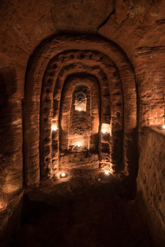 Photo © 2017 Michael Scott/Caters News/The Grosby Group - It might look like an ordinary rabbits hole, but this tunnel unearths a stunning CAVE. The unassuming hole reveals a cave which is hidden less than a metre beneath a farmers field. The untouched caves, in Shropshire, date back 700 years when they were used by the Knights Templars - a medieval religious order that fought in the Crusades. Photographer Michael Scott, from Birmingham, set out in search of the historical wonder after seeing a video of it online.