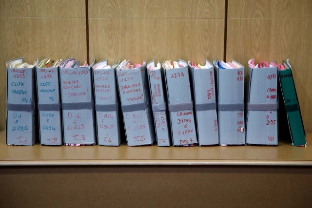 Files are displayed before the opening of the trial of Ilich Ramirez Sanchez, known as Carlos the Jackal,at Paris courthouse, France March 13, 2017. REUTERS/Benoit Tessier