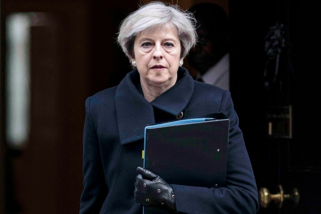 Britain's Prime Minister leaves 10 Downing Street the morning after an attack by a man driving a car and weilding a knife left five people dead and dozens injured, in London, Britain, March 23, 2017. REUTERS/Jack Taylor/Pool