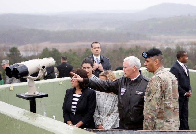 U.S. Vice President Mike Pence looks toward the north from an observation post inside the demilitarized zone separating the two Koreas, in Paju, South Korea, April 17, 2017.  REUTERS/Kim Hong-Ji     TPX IMAGES OF THE DAY