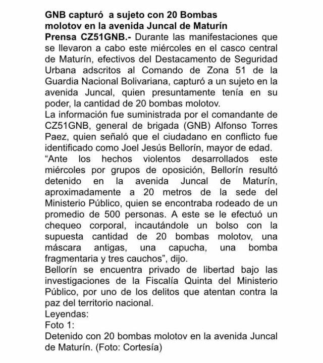 Nota de prensa de la GNB