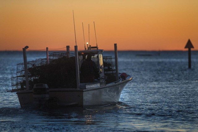 A waterman sets out to set crab traps as the sun rises in Tangier, Virginia, May 16, 2017, where climate change and rising sea levels threaten the inhabitants of the slowly sinking island. Now measuring 1.2 square miles, Tangier Island has lost two-thirds of its landmass since 1850. If nothing is done to stop the erosion, it may disappear completely in the next 40 years. / AFP PHOTO / JIM WATSON