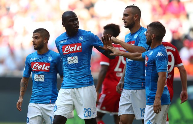 Soccer Football - Napoli vs Bayern Munich - The Audi Cup - Munich, Germany - August 2, 2017   Napoli's Kalidou Koulibaly celebrates scoring their first goal with team mates     REUTERS/Michael Dalder