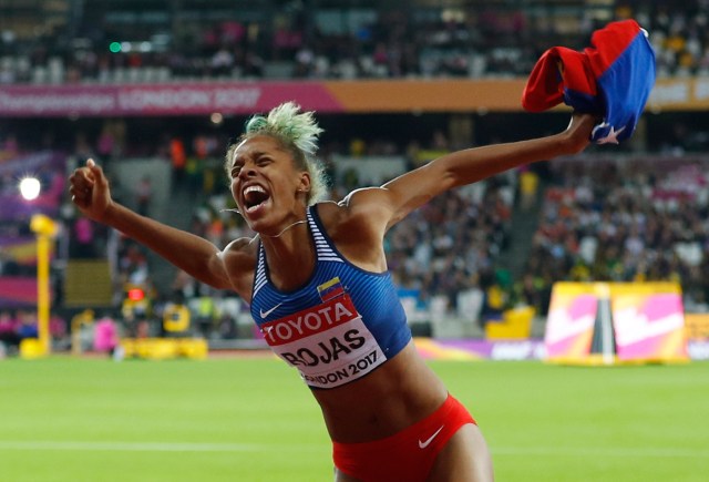 Athletics - World Athletics Championships - Women's Triple Jump Final – London Stadium, London, Britain - August 7, 2017. Yulimar Rojas of Venezuela celebrates winning gold. REUTERS/Phil Noble