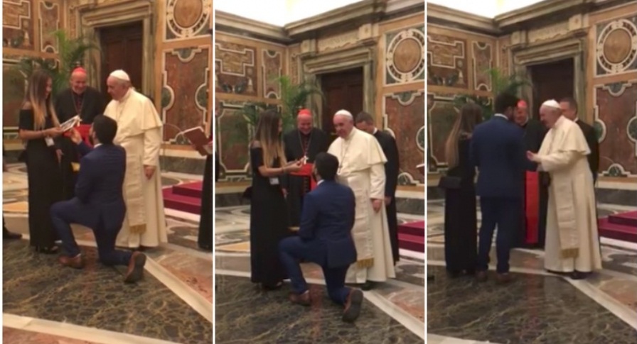 Bendecidos…  Venezolano exiliado en Panamá pide la mano a su novia ante el papa Francisco