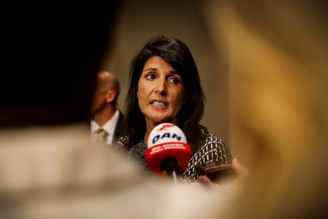 U.S. Ambassador to the United Nations Nikki Haley comments as she arrives for a Security Council meeting at United Nations Headquarters in New York City, U.S., August 29, 2017. REUTERS/Brendan McDermid