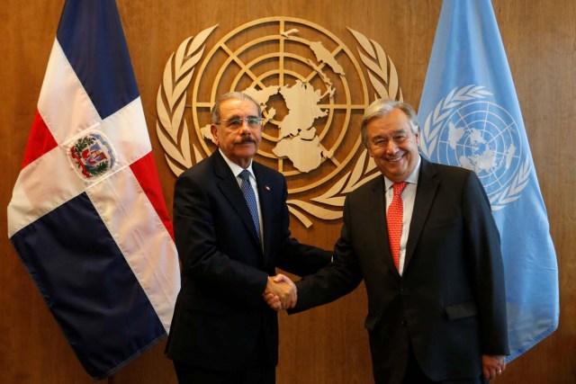 Dominican Republic President Danilo Medina (L) is greeted by United Nations Secretary General Antonio Guterres at the U.N. Headquarters in New York City, U.S., September 17, 2017. REUTERS/Joe Penney