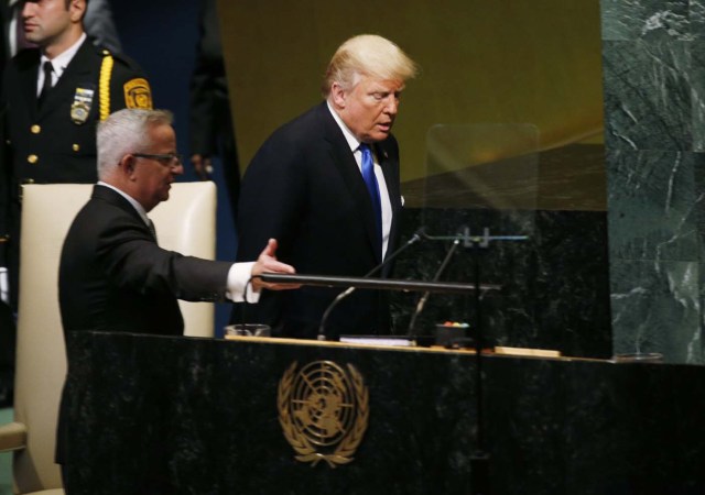 U.S. President Donald Trump (R) arrives to address the 72nd United Nations General Assembly at U.N. headquarters in New York, U.S., September 19, 2017.