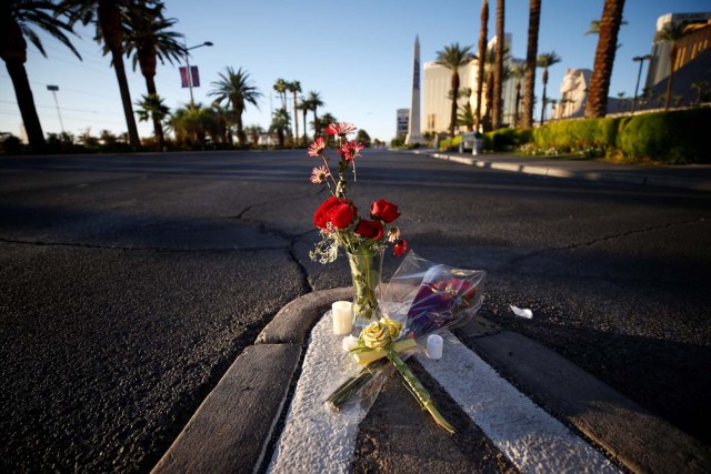 Flowers are pictured near the site of the mass shooing at the Route 91 Harvest Country Music Festival on the Las Vegas Strip in Las Vegas, Nevada, U.S., October 3, 2017. REUTERS/Chris Wattie